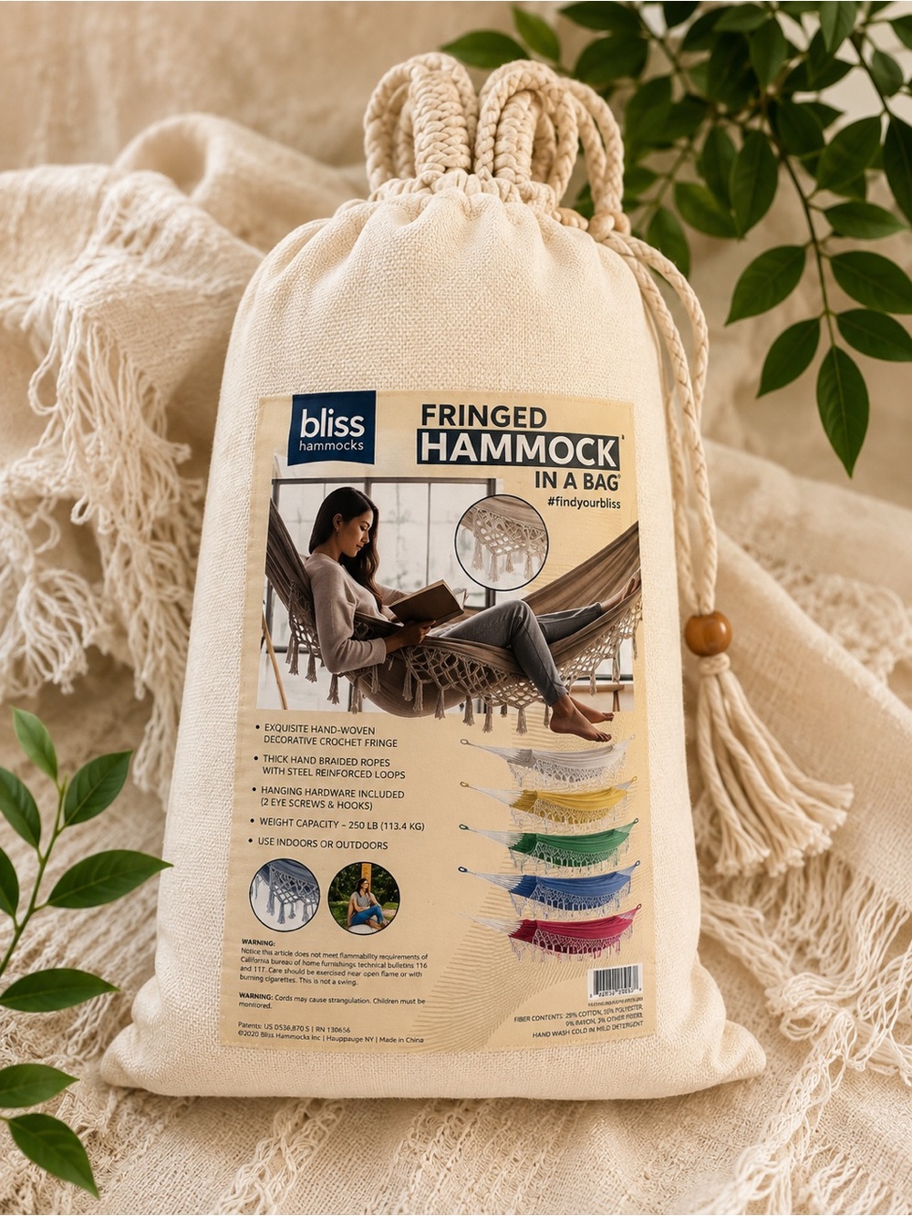 NWT Bliss Hammocks Fringed Hammock in a Bag Natural Boho 250 lb Indoor Outdoor